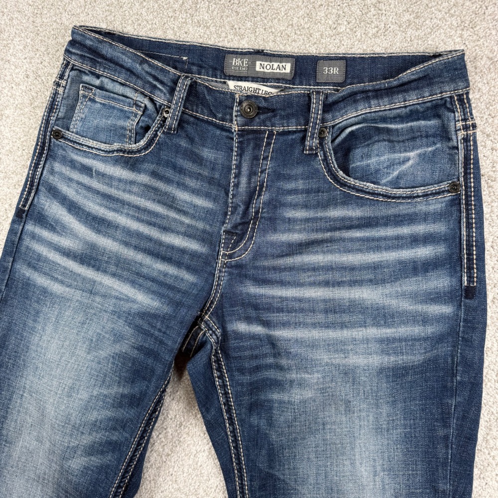 BKE Nolan Straight Leg Jeans Mens 33R Blue Medium Wash Stretch Denim